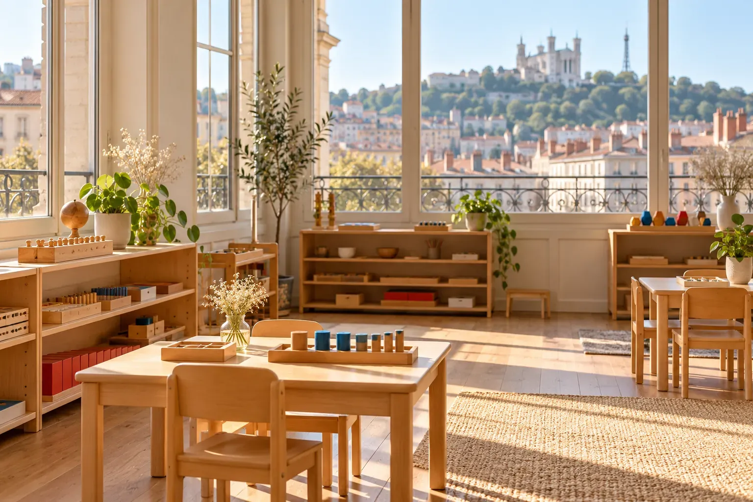 Classe Montessori lumineuse avec étagères basses, vue sur les toits de Lyon et la colline de Fourvière