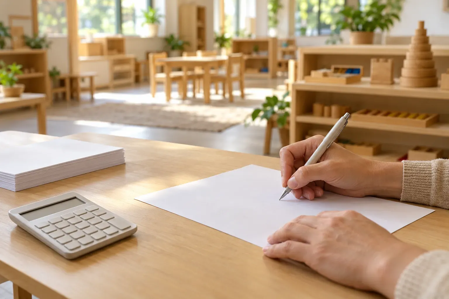 Parent remplissant un dossier d'inscription scolaire près d'une étagère de matériel Montessori en bois